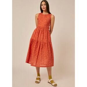 SIDELINE Sz S Small Gaia Orange Floral Sleeveless Linen Cotton Midi Dress